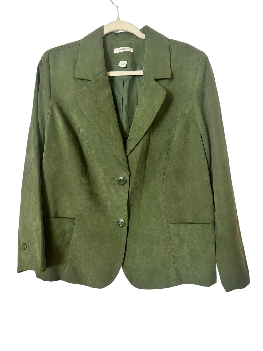 Dress Barn Olive Green Faux Suede Blazer - Two-Button Notch Lapel